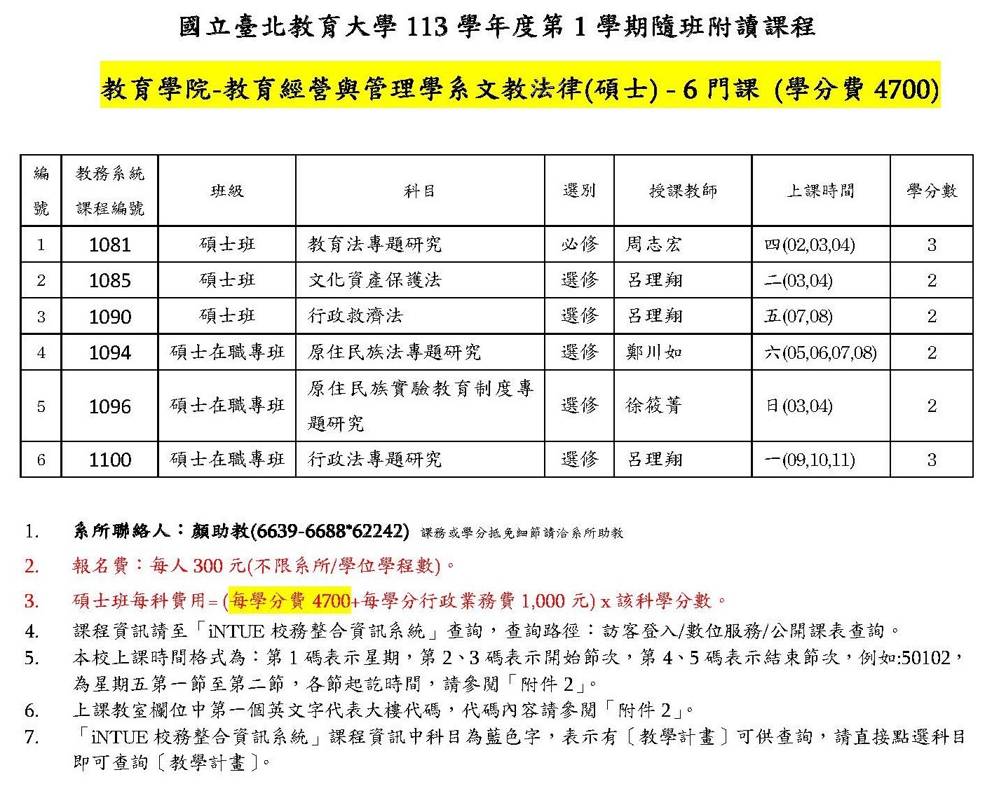 113-1教經系文教法碩6門隨班附讀課程