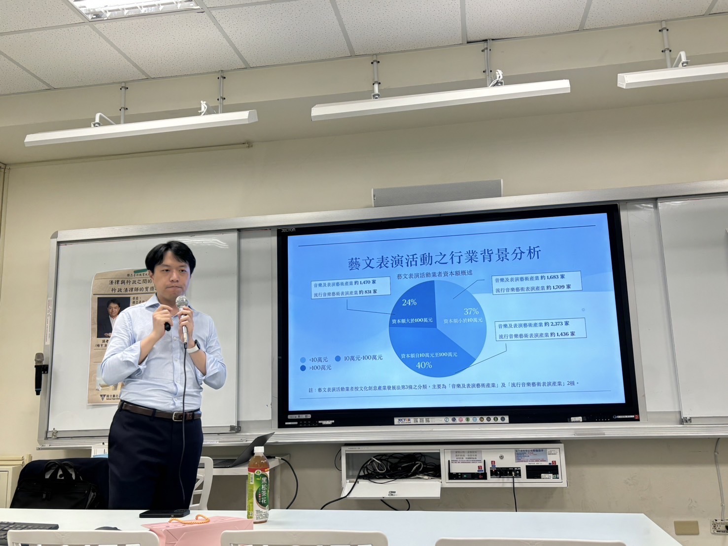 胡律師講述藝文表演活動之行業背景分析，講述協助台北市政府訂定法規解決藝文表演退票、履約保證的爭議。